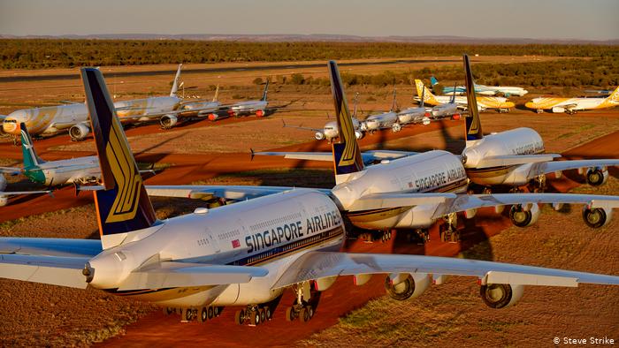 Singapore Airlines A380s parked in a desert