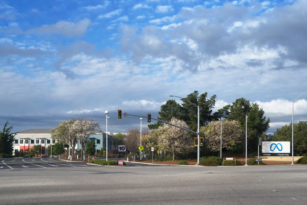 Entrance to Meta Platforms headquarters complex in Menlo Park, California.